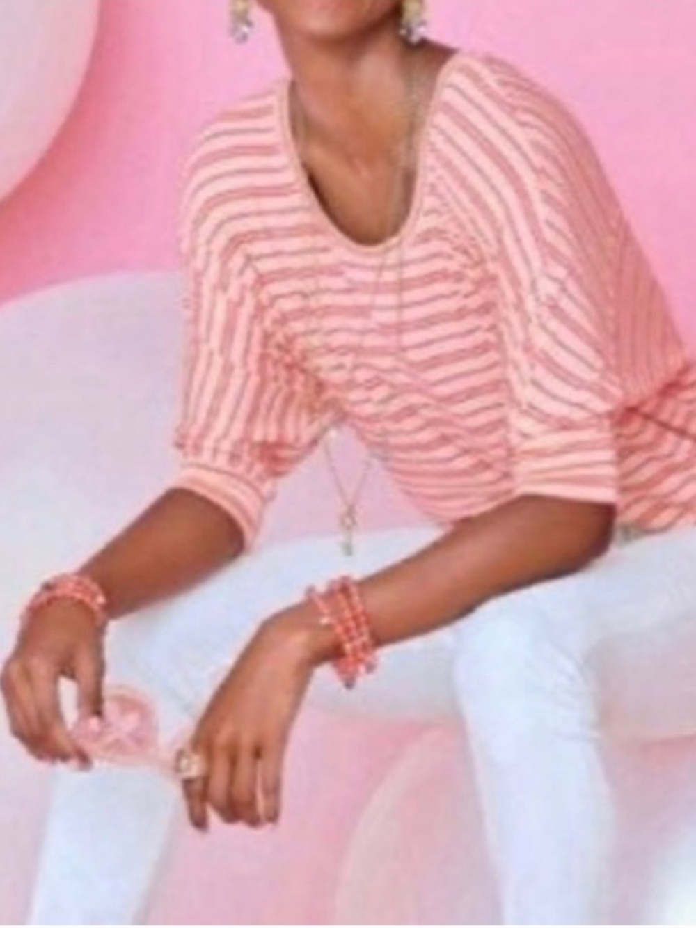 CAbi | Women’s Pink & Coral Striped Scoop Neck 1/2 Dolman Sleeve Tickled Tee S